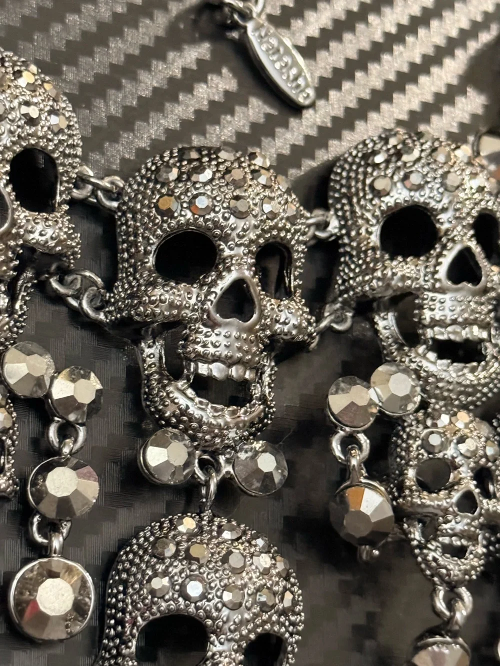 Natasha Couture Gunmetal Rhinestone Gothic Skull Dangle Statement Necklace